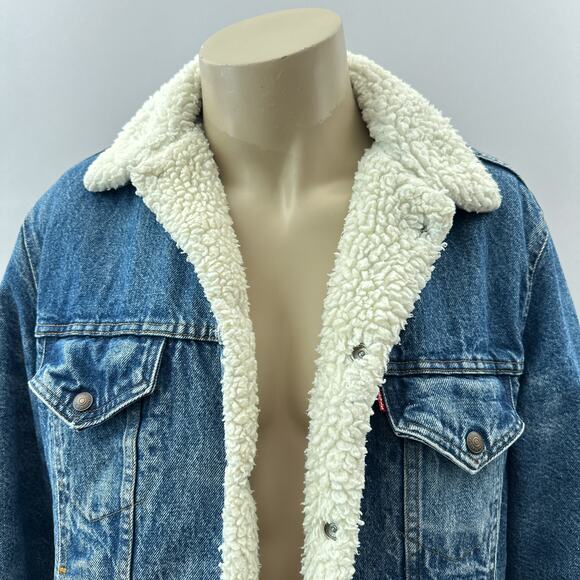 Vintage Levi's 80s 90s Sherpa Lined Denim Trucker Jacket Blue Men's Size 42R - Picture 2 of 14